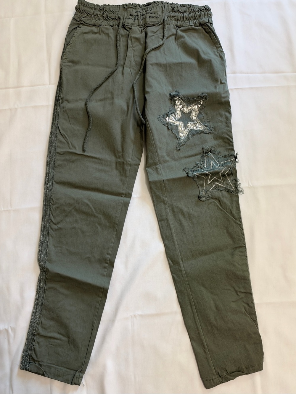 Venti6 Olive Green Drawstring Jogger Pants Sequin Star Patches Side Stripe EUC